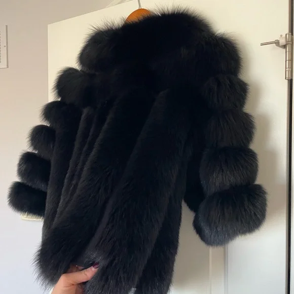 NEW 100% REAL FOX FUR BLACK COLOR JACKET